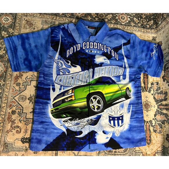 Boyd Coddington y2k All Over Print Hot Rod Car T-shirt Button up Shirt Size XL - Picture 3 of 10